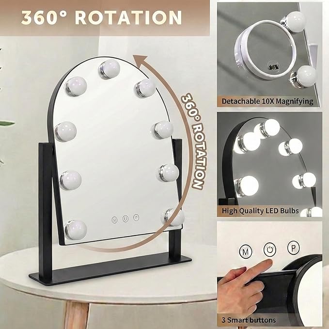 Arched Makeup Vanity Mirror with Lights 14.17"x 11.81" LED Makeup Mirror Detachable 10X Magnification, Hollywood Make Up Mirror with Lighting, Smart Touch, Rechargeable,360° Rotation,(Black)