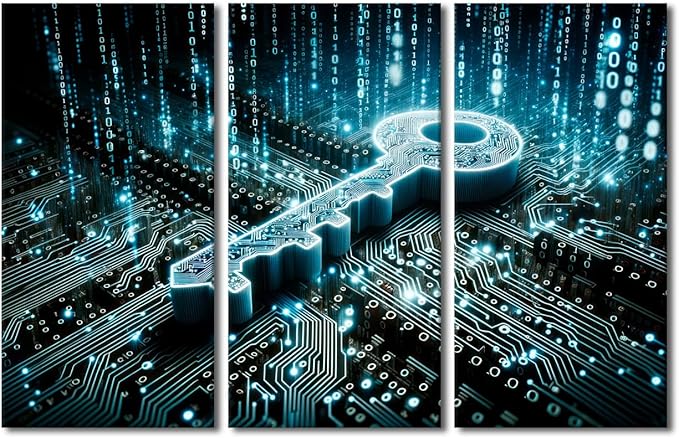 TUMOVO Wall Art for Living Room 3 Panel Key on Circuit Board Background with Binary Code Poster for Home Wall Decoration, Security Concept Posters and Prints, Ready to Hang, 60" Wx40 H