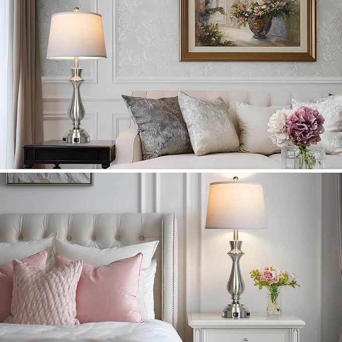 Silver Touch Lamps for Night Stands Set of 2-29.5" Tall Bedside Lamp with USB C+A, 3 Way Dimmable Bedroom Lamps, Brushed Nickel Table Lamps for Living Room