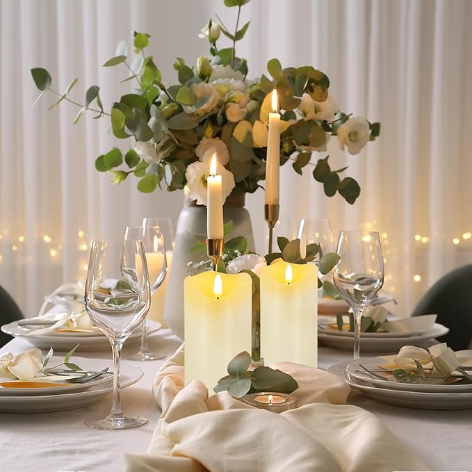 VEEKI Flameless Candles Light, Set of 2 6"x3" Flickering LED Candles with Remote & Timer, Dimmable Real Wax Electric Pillar Candles Battery Operated, White Candles for Home Christmas Decor (White)