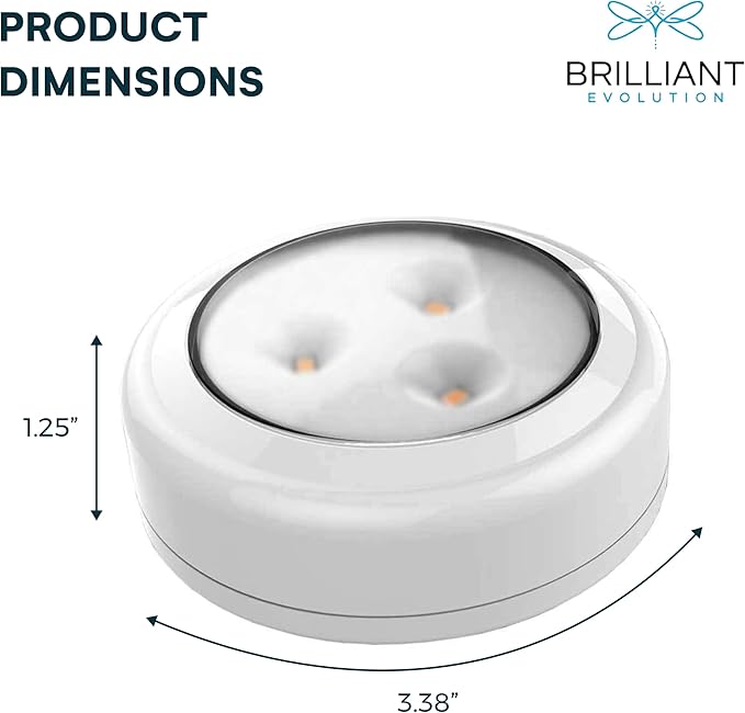 Brilliant Evolution Stick On Push Lights - 6 Pack Remote Controlled LED Lights Under Cabinets - DIY Stick On Lights for Closet, Counter, Kitchen - Battery Operated Puck Lighting with Remote