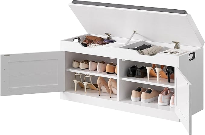 IRONCK Shoe Bench with Lift Top Storage, 42.4" Entryway Bench with Wider Cushioned Seat, End of Bed Bench with Adjustable Shelf & 2 Doors for Hallway, Bedroom, White