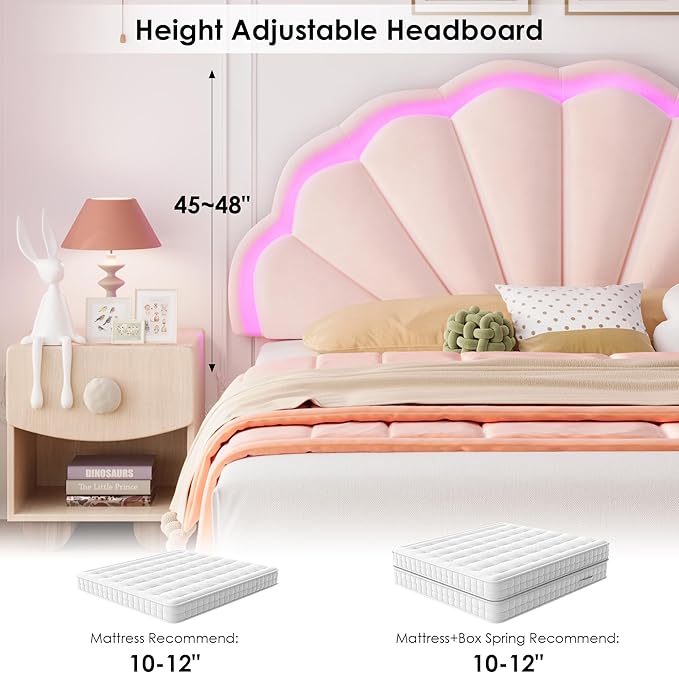 HIFIT Queen Upholstered Smart LED Bed Frame with 2 Storage Drawers & Adjustable Chic Double Petal Headboard, Velvet Princess Platform Bed with Solid Wood Slat/No Box Spring Needed/Easy Assembly, Pink
