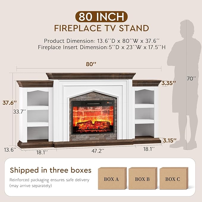 LGHM 80" Fireplace TV Stand for TVs Up to 90 Inch, Electric Fireplace with Mantel, Farmhouse Entertainment Center with Storage, Fireplace Heater Insert with 3D Flame Effect for Living Room
