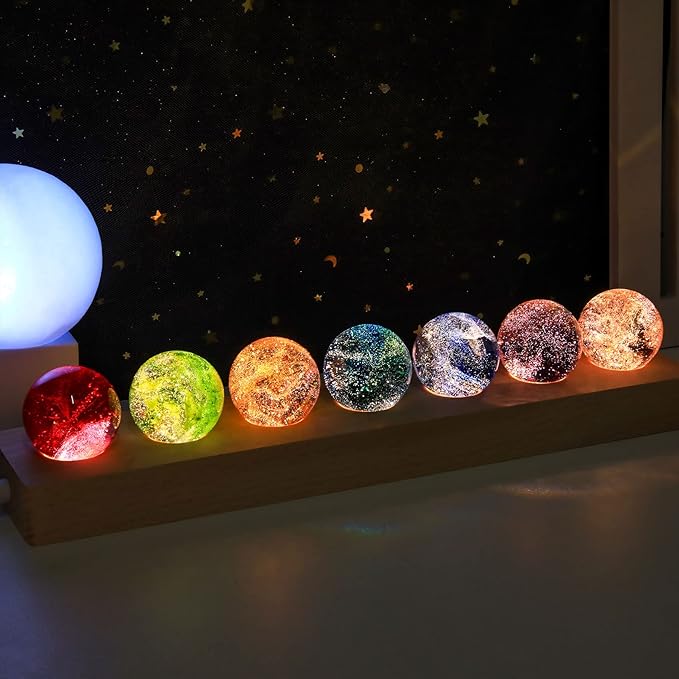 Movdyka 7 Colorful Glass Crystal Ball Desk ecorations Chakra Healing Stones Spheres with LED Wooden Stand, Quartz Crystal Meditation Night Light, Positive Energy Decor Gifts for Him Her -1.57"(40mm)