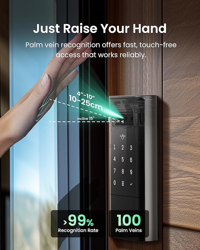 DESLOC Smart Lock K140 Plus with Palm Vein Recognition, Keyless Entry Door Lock with Keypad Deadbolt, App Control, Auto Lock Digital Door Lock for Front Door with Mechanical Key Backup, Black