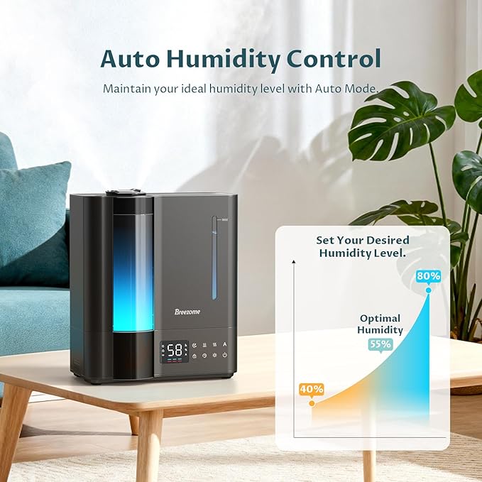 BREEZOME 8L Humidifiers for Bedroom, Warm & Cool Mist for Large Room Home, Top Fill Ultrasonic Humidifier, Humidity Sensor, Essential Oil, 60H Runtime, Quiet for Baby, Plants, Fast Relief