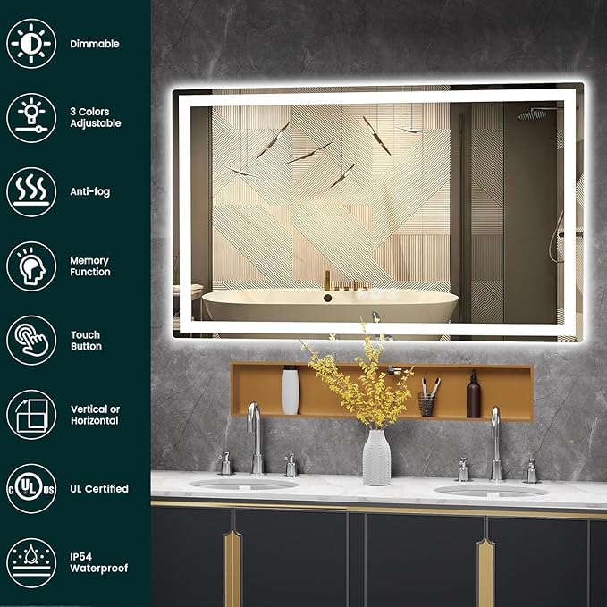 LED Mirror for Bathroom 36"x 60" with Frontlit and Backlit, Anti-Fog Mirror with Lights, Stepless 3 Colors Temperature & Dimmable Bathroom Mirror