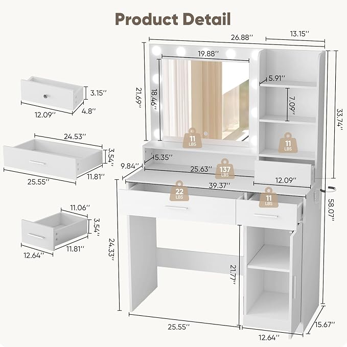 DUMOS Vanity Desk Makeup with Mirror LED Lights, White Table with Power Outlet 2 Drawer, 4 Storage Shelves Cabinet & 3 Lighting Mode Adjustable Brightness, Dressing Tables for Bedroom