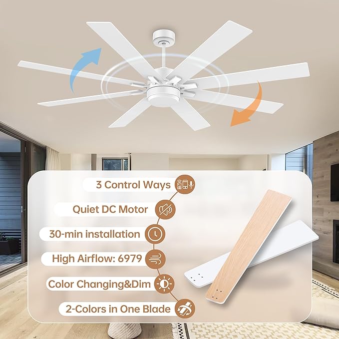 72Inch Large Smart Ceiling Fans with Lights Remote,Control via WIFI Alexa Google App,Modern Outdoor Indoor Ceiling Fan for Large Patio Living Room,6 Speed Quiet DC Motor,8 Blades in White& Light Wood
