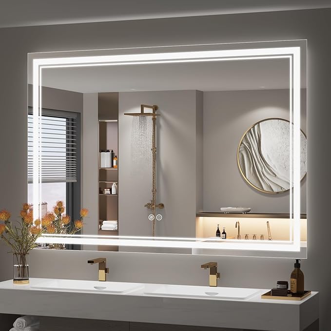 OKPAL 50x36 Lighted Bathroom Mirror, Anti-Fog LED Bathroom Mirror, Bathroom Mirror with Lights, Dimmable Lighted Vanity Mirror, Shatterproof, ETL Listed, Horizontal/Vertical