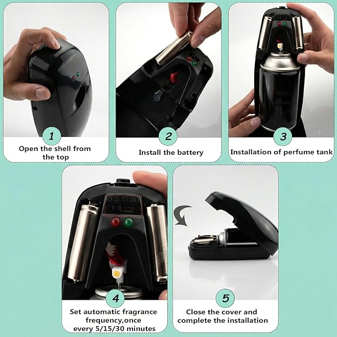 Automatic Air Freshener Dispenser – Wall Mounted Time Mist Spray for Home, Bathroom & Office – Battery Operated Scent Sprayer Compatible with Commercial Air Fresheners(Black)