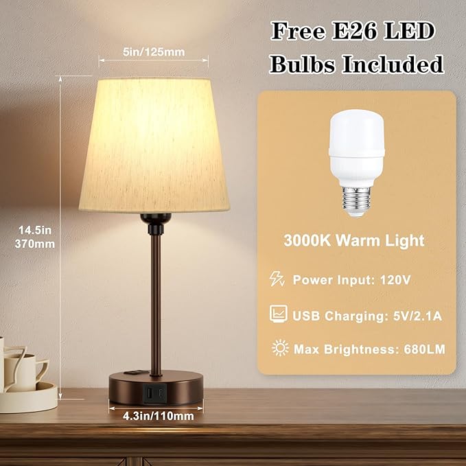 Acaxin Brown Bedside Lamps for bedrooms Set of 2 - Nightstand Bedroom Lamp with USB C Port and AC Outlet Charging, 3 Way Dimmable Touch Control Small Bed Side Table Lamp, Nightstand Light for Kids