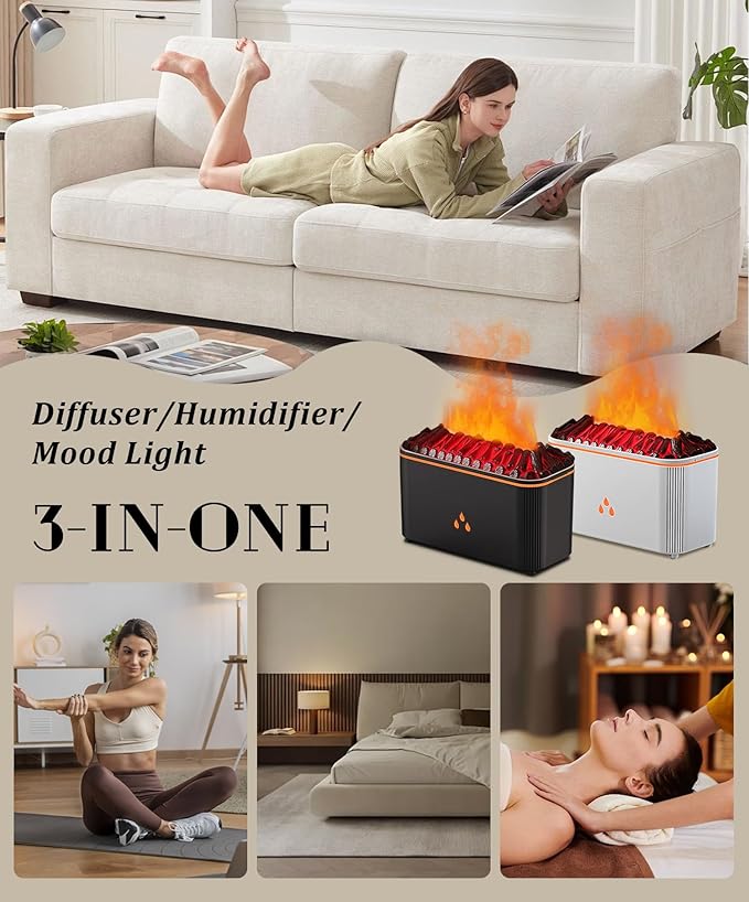 Essential Oil Diffuser, Flame Air Aromatherapy Diffuser, 7 Color Changing Light, Aromatherapy Humidifier with Auto Shut-Off for Home, Bedroom, Yoga, Spa(White)