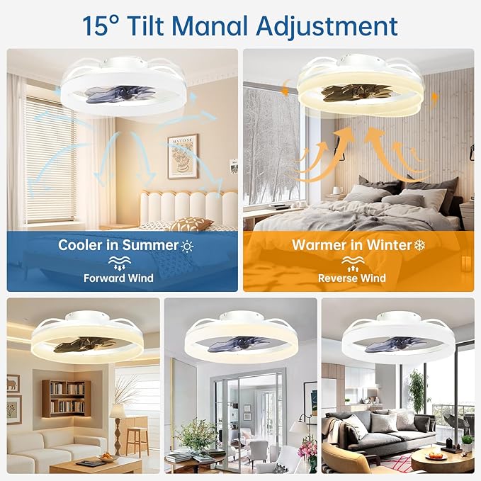 Smart Ceiling Fan with Lights and Alexa Assistant/APP/Remote Control Low Profile Fan with 6 Speeds, 15° Tilt Manal Adjustment, Stepless Color Temperature Change for Home, Office White