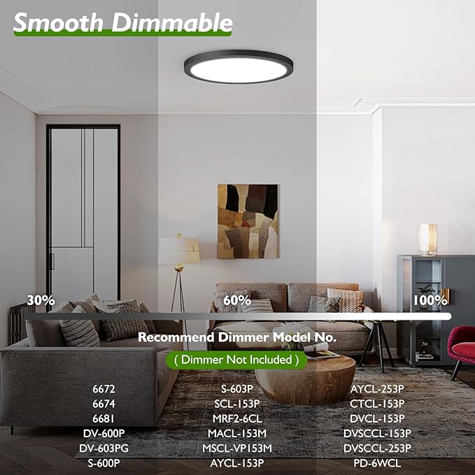 12Inch Flush Mount LED Ceiling Light Fixture Black, 28W 3200Lm Dimmable Modern Recessed Ceiling Lamp, 5000K Daylight White Round Low Profile Ceiling Light for Kitchen Closet Bedroom Hallway, 6-Pack