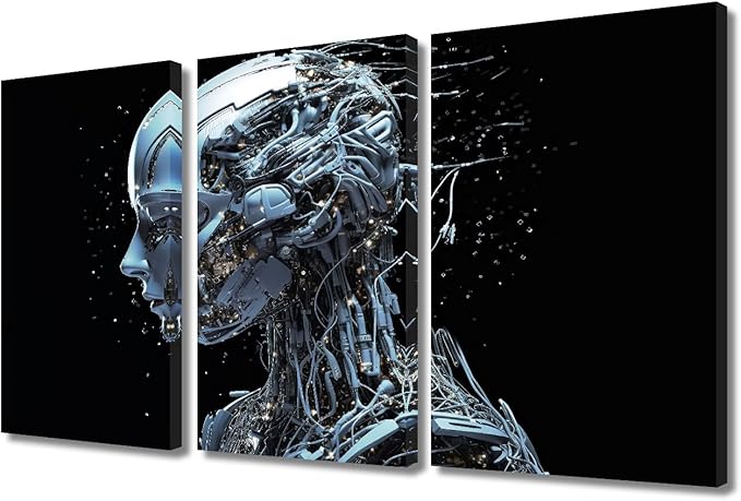 TUMOVO Female Robot Face Pictures Concept Wall Art 3 Panel Modern Canvas Print Art for Living Room Bedroom Decoration, Artificial Intelligence Artwork for Home Decoration Ready to Hang, 36" Wx24 H