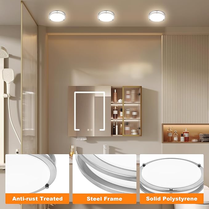 7.5 Inch Round Brushed Nickel Ceiling Light Fixture - Flush Mount LED Kitchen Ceiling Lamp 2700K/3000K/3500K/4000K/5000K Adjustable Brushed Nickel Bathroom LED Light for Bedroom 12W