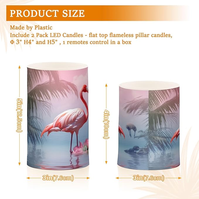 YETTASBIN Flamingo Flameless Candles with Remote Control and Timer, Adjustable Brightness Long Lasting Battery Operated LED Pillar Candles for Indoor Outdoor Party Home Decor, 2 Pack