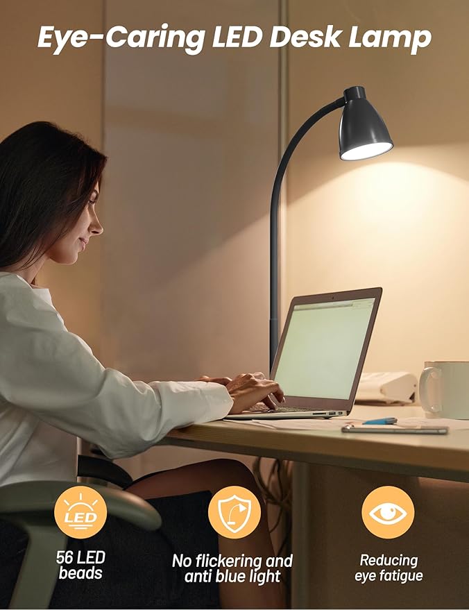 BOHON LED Desk Lamp with USB Charging Port 3 Color Modes Dimmable Reading Light Intelligent Induction Auto Dimming Task Lamp Neck Flexible Table Lamp for Bedside Office, AC Adapter Include