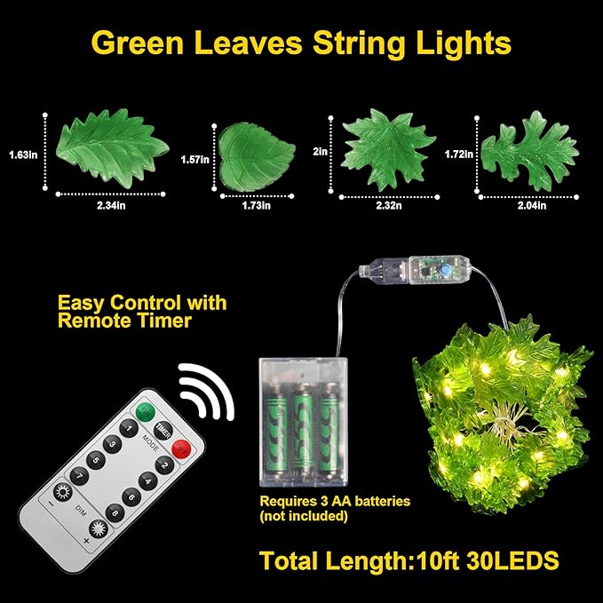 JASHIKA Artistic Leaf Fairy Lights for Bedroom Home Décor-USB & Battery Powered String Lights Indoor with Unique 3D Leaf Designs- LED Lights Garden Wall Table Decor 10ft 30LED with Remote