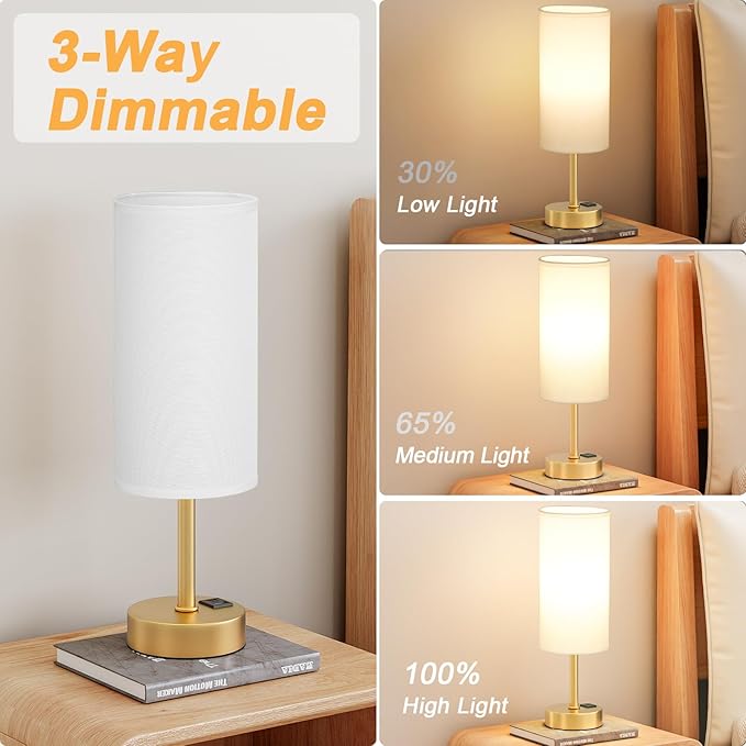 Dicoool Elegant Gold Touch Table Lamp, Modern Wedding Gift for Couples, Bedside Lamps with USB-C USB-A Charging Ports, 3 Way Dimmable Small Lamp for Office, Living Room, Bathroom