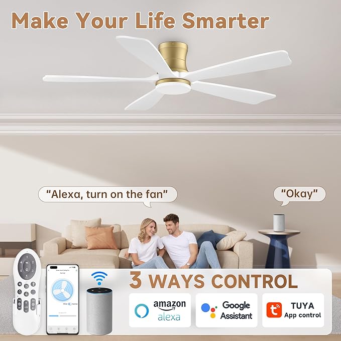 52 Inch Wood Smart Low Profile Ceiling Fans with Lights Remote,Control via WIFI Alexa Google App,6 Speed,Quiet DC Motor,Flush Mount Outdoor Indoor Ceiling Fan for Modern Bedroom Patio Porch,Gold White