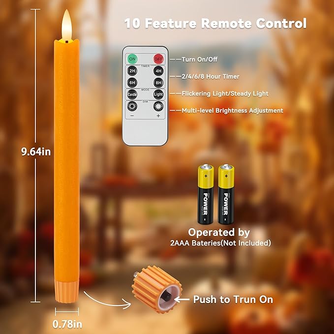 6 Pack Orange Flameless Taper Candles with Remote&Timer, Thanksgiving Battery Operated Candles with Flickering Wick, Fall Candlestick Harvest and Thanksgiving for Home Decor