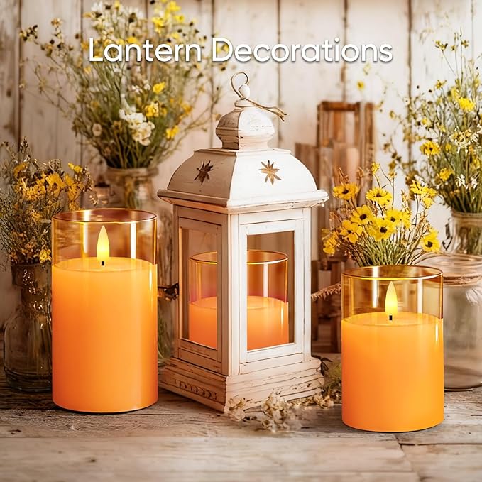 5plots Flameless Battery Operated Candles Set of 3, Gold LED Candles with Remote Timer, Real Wax Glass Pillar Candles Warm Flickering Light for Indoor Home, Halloween, Christmas Decor D3 x H4 5" 6"