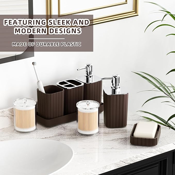 XLHOMO Bathroom Accessories Set - 25PC Brown Bathroom Sets with Shower Curtain and Rugs, Bathroom Accessory Set, Brown Shower Curtain Set, Trash Can, Qtip Holder Dispenser & Soap Dispenser