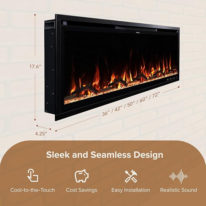 Modern Ember Aerus Slim 50 Inch Smart Linear Electric Fireplace | Recessed in-Wall or Wall-Mount | LED Multiple Flame Colors | Alexa/WiFi Enabled | 4.25” Profile | Remote Included