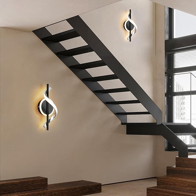 Black Wall Sconces Sets of 2, 12W Modern Spiral LED Wall Lamp, 3000K Warm White Wall Light Fixture for Stairs Living Room Bedroom Aisle Hallway