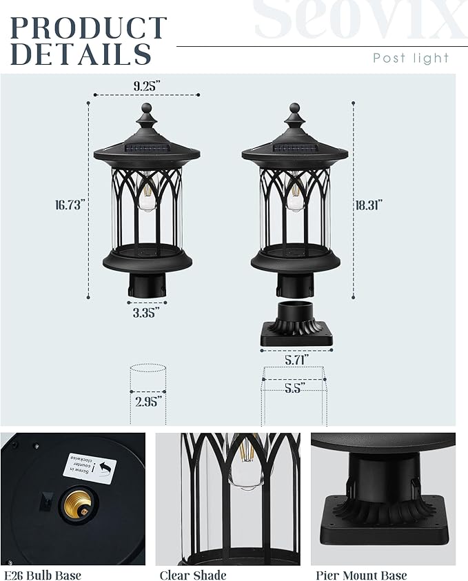 Solar Post Lights Outdoor Waterproof, Dusk to Dawn Solar Lamp Post Light Fixture E26 Base Socket, IP44 Waterproof Post Lights Outdoor Solar Powered for Pathway, Driveway, Lawn, KL235SPL10-1