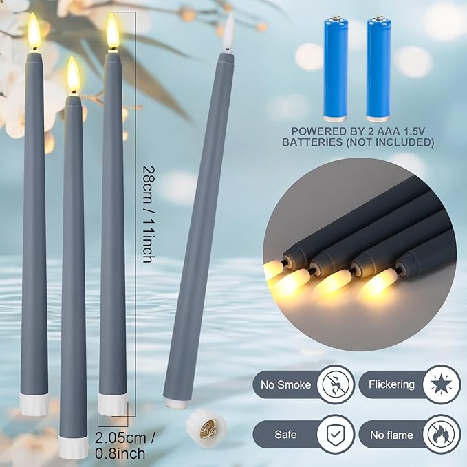 Macarrie 24 Packs Flameless Taper Candles Battery Operated Fake 11 Inch Long Candlelight LED Flameless Candlesticks Flickering Tapered for Spring Summer Wedding(Haze Blue)