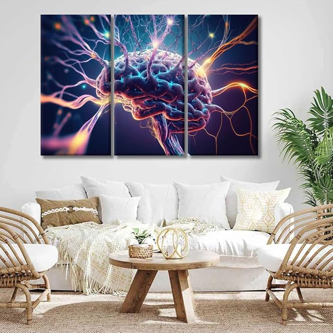 LSIUHWUWI Modern Wall Art 3 Panel Human Brain Neurons Firing and Neural Extensions Pictures Print on Canvas for Wall Art Decoration, Wooden Frame Artwork Ready to Hang 20x40inchx3