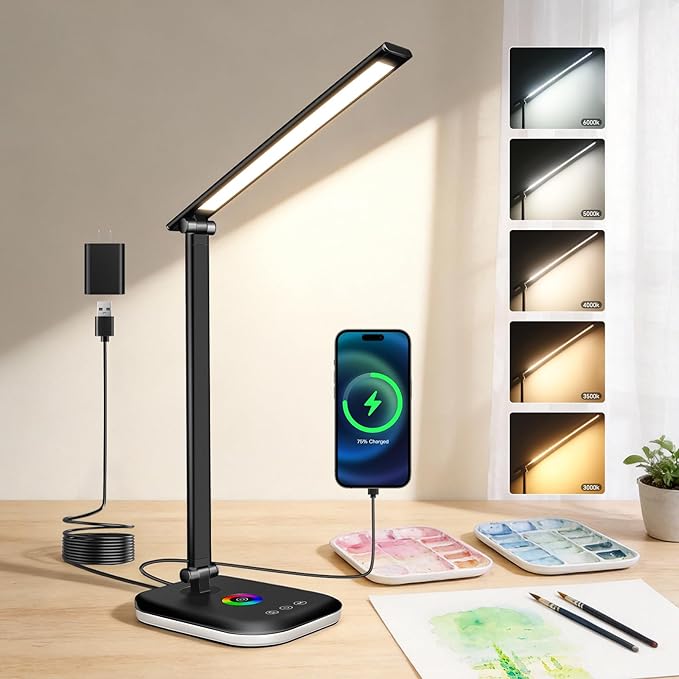Bright LED Desk Lamp for Office Home, 10%-100% Stepless Dimmable & 5 Color Temperatures, Eye Caring Desk Light for Office, Study, Craft, Puzzle, Nail, Sewing | USB Charging | 45 Min Timer | RGB