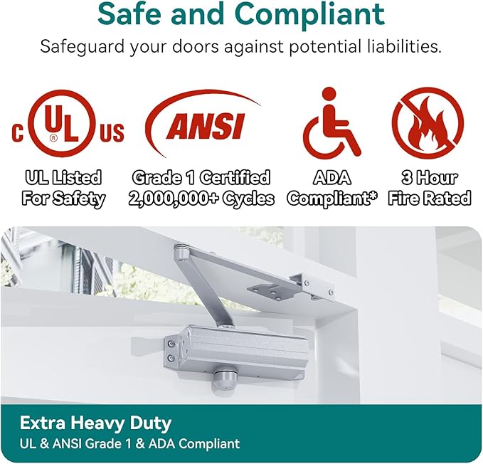 Automatic Door Closer, Adjustable Self Closing, Backcheck Function, ADA Compliant, UL 3 Hour Fire Rated, Grade 1 Heavy Duty, 2 Million Cycles, Residential & Commercial Use, Silver Aluminum