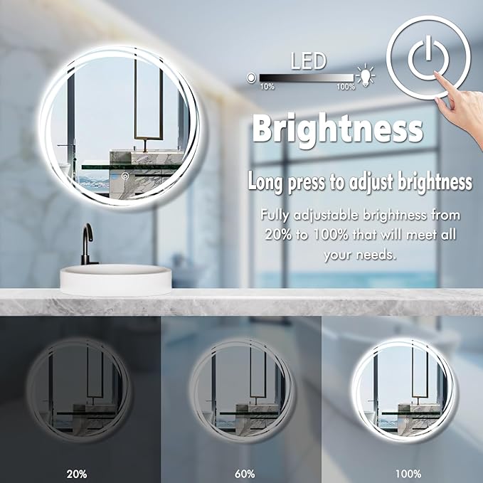 20 Inch Unique Rotating Round Lighted Mirror for Bathroom Hotel Makeup Wall LED Round Vanity Mirror with Lights Smart Memory 3 Color Dimmable AntiFog 20 Backlit Rounds Circle Lighted Mirrors