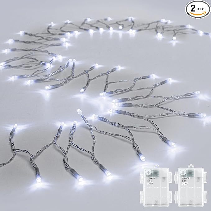 String Lights Outdoor Waterproof 9.8ft 30 LED, Cool White Fairy Lights Battery Operated with Timer Clear Wire for Indoor & Outdoor Decorations Garland Party 2 Packs