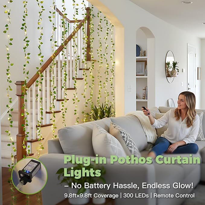 suddus 300 LED Vines with Lights Plug in, 9.8ft x 9.8ft Fairy Lights with Vines, Pothos Curtain Lights for Wall, Bedroom, Dorm, Wedding, Party, Indoor, Outdoor Decor(Warm White)