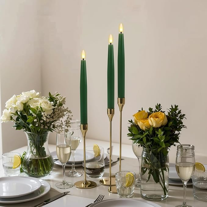 GenSwin Flameless Taper Candles with Remote Timer, Real Wax LED Flickering Candlesticks Battery Operated 3D Wick for Wedding, Party, Home(Christmas Green, 9.84", Set of 2)
