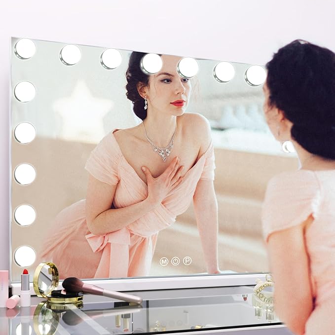 Fenair Large Vanity Makeup Mirror with Lights 32"X23" Lighted Hollywood Mirror with 18 Dimmable Bulbs, 3 Color Light Settings, USB Port, Bedroom Makeup Mirror for Tabletop