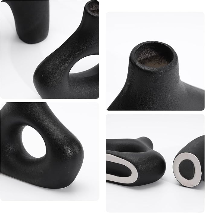 Modern Black Ceramic Vase Set of 2, Durable Donut Vases for Pampas Grass, Minimalist Industrial Boho Decorative Vases for Home Decor, Living Room, Farmhouse, Dining Table, Countertops, Shelf