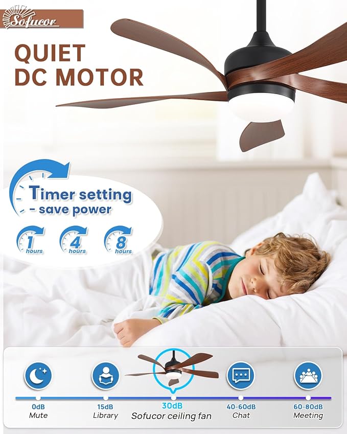 Sofucor 45 Inch Ceiling Fan with Lights and Remote, Indoor/Outdoor Ceiling Fan with Light 6-Speed 3 CCT 3-Timer, Low Profile Ceiling Fan 5 Blade Quiet DC Motor for Bedroom Living Room Patio