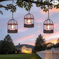 Solar-Hanging-Lanterns-Outdoor-Waterproof, Rust Birdcage Style Candle Holders with Flickering Solar Tea Lights for Backyard Patio Garden Fence Tree Decoration (3 Pack)