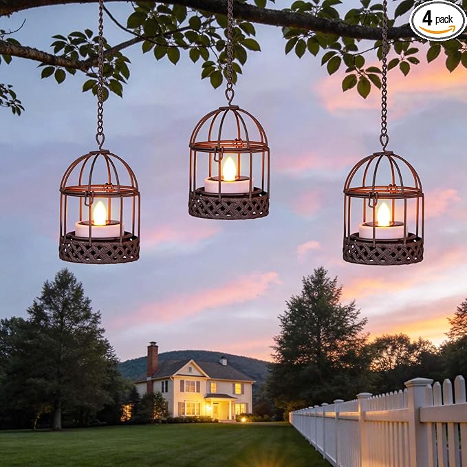 Solar-Hanging-Lanterns-Outdoor-Waterproof, Rust Birdcage Style Candle Holders with Flickering Solar Tea Lights for Backyard Patio Garden Fence Tree Decoration (3 Pack)