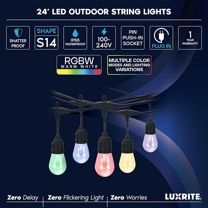 LUXRITE 24FT LED RGBW Outdoor String Lights, Remote Control Color Changing Cafe Lights, Commercial Grade Waterproof, 12 Edison S14 Shatterproof Bulbs, IP65, Dimmable Outside Hanging Lights for Patio