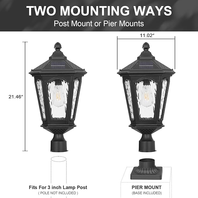 Black Solar Outdoor Post Light Fixture 21 inches Large Dusk to Dawn LED Pole Lamp Waterproof Exterior Pillar Lantern Post Lighting Remote Control for Pathway Garden Patio Gargae