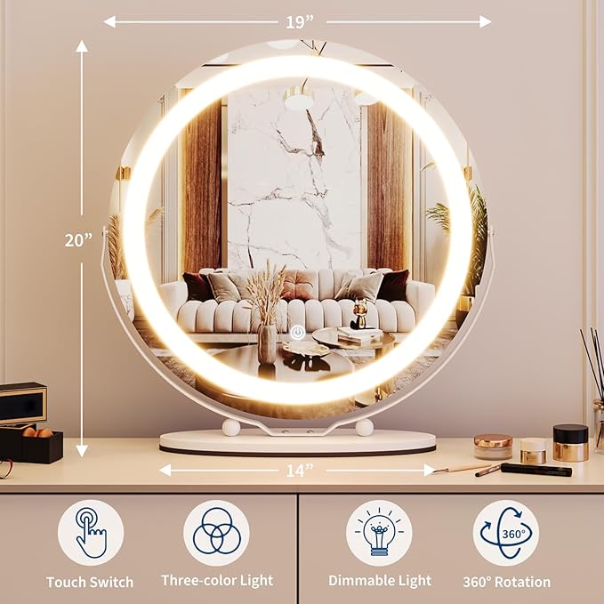 IDEALHOUSE Vanity Mirror with Lights, 19" Lighted Makeup Mirror, LED Desk Mirorr with 360° Rotation, Dimmable 3 Modes, Smart Touch Control for Bedroom or Tabletop(Round,White)