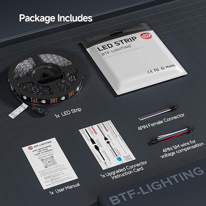BTF-LIGHTING WS2815 (Upgraded WS2812B) LED Strip Light,UL Listed,16.4FT 150 LED/Pixels,Flexible Chasing RGB,Dual Signal Individually Addressable,5050SMD,DC12V IP67(No Adapter or Controller)